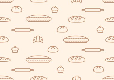 Ekmek, pasta, kruvasan ve pastayla kusursuz desen. Fırın elementleriyle kusursuz desen. Ekmek ve fırın ürünlerinin kusursuz deseni. Pişmiş mallar. Vektör illüstrasyonu