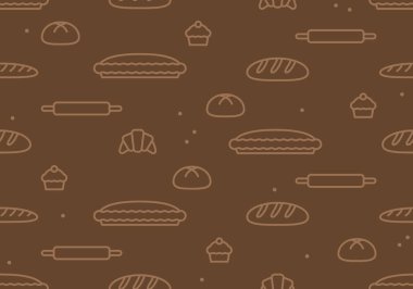 Ekmek, pasta, kruvasan ve pastayla kusursuz desen. Fırın elementleriyle kusursuz desen. Ekmek ve fırın ürünlerinin kusursuz deseni. Pişmiş mallar. Vektör illüstrasyonu