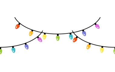 Renkli ampullü Noel çelenkleri. Beyaz arka planda izole edilmiş modern vektör illüstrasyonu. Noel ışıkları çelenksiz sınır. Sihirli festival için Holiday LED ampul ipliği