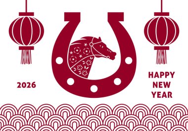 Mutlu Çin Yeni Yılı 2026. At, 2026 Çin Yeni Yılı 'nın bir sembolüdür. At figürü. 2026 tatil tasarımı