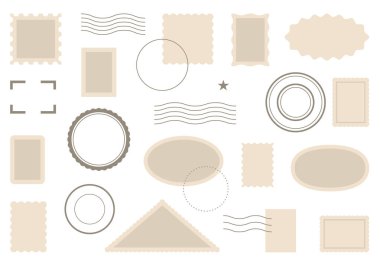 Posta filigranı. Boş damga çerçeveleri, damga izleri. Seyahat etiketleri ve etiketleri. Posta mührü. Klasik mürekkepli geometrik kenarlar ve dalga çizgileri. Vektör posta işaretleri ayarlandı