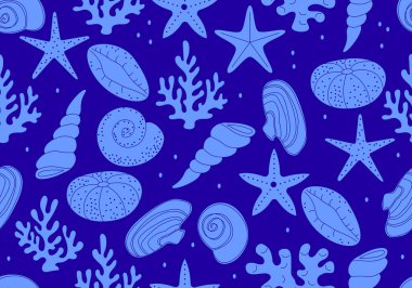 Deniz kabuklarıyla kusursuz desen. Tropik sualtı yumuşakçaları çizimi