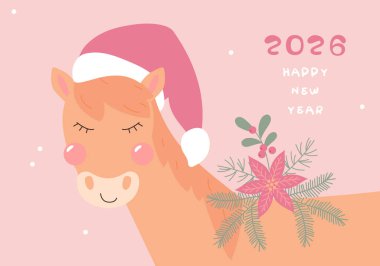 Kırmızı Noel Baba şapkalı şirin bir çizgi film atı. Asya burcu, sembol. 2026 Çin Yeni Yıl kartı, afiş, poster, yıldız falı