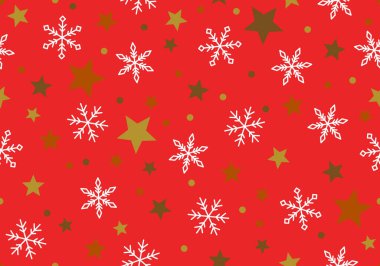 Kırmızı arka planda kar tanelerinin ve yıldızların kusursuz çizimi. Noel arkaplanı. Tatil tasarımı