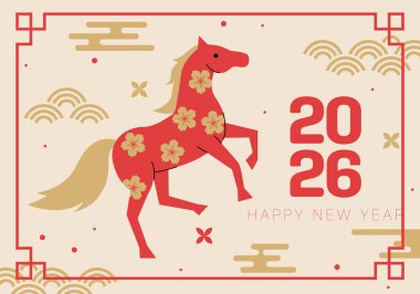 Mutlu Çin Yeni Yılı 2026. At, 2026 Çin Yeni Yılı 'nın bir sembolüdür. Geometrik biçimdeki Atın Şekli