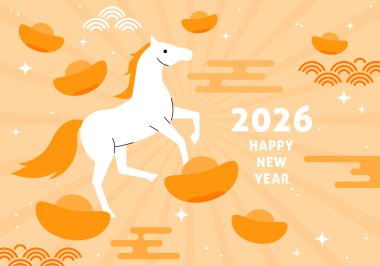 At 2026 'nın Çin yeni yılı karikatür vektör geçmişi. Sicee ingot 'lu Zodiac atı