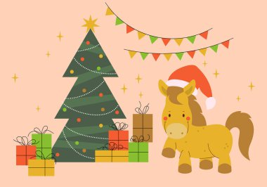 Mutlu noeller. Fiyonklu ve kurdeleli hediyeler. Renkli hediye kutusu, at, Noel ağacı yığını. Arka planda izole edilmiş paketlenmiş hediye kutuları. 2026 Yılbaşı Atı. Noel Baba şapkalı at.