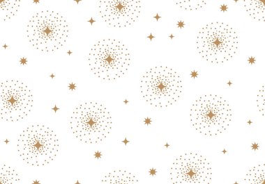 Altın yıldızlı kusursuz desen. Noel, açık arkaplanda altın renkli doğum günü tasarımı. Modern vektör illüstrasyonu. Sevimli el çizimi düz tasarım