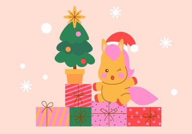 Noel Baba şapkası takan şenlikli at, hediye kutuları ve süslü Noel ağacı. Tatil tasarımları, tebrik kartları ve mevsimlik dekorasyonlar için mükemmel bir düz stil çizimi