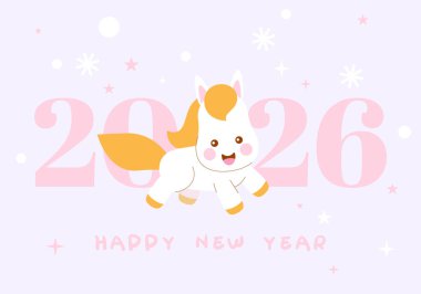 Çin takvimine göre 2026 yılının sembolü At ile vektör illüstrasyonu. Kutlama kartları, posterler, afişler için hayvanlı baskı tasarımı. At Yılı. Mutlu Çin Yeni Yılı