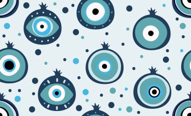 Nar Türk gözü pürüzsüz desen. Kem gözlü kepçe desensiz vektör çizimi. Nar meyvesinin vektör çizimi. Geleneksel koruma tılsımı arka planı, eriyen mavi gözler