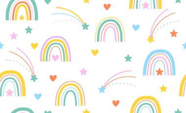 Boho tarzı gökkuşağı, kalp, yıldız desenli kusursuz desen. Kusursuz şirin desen