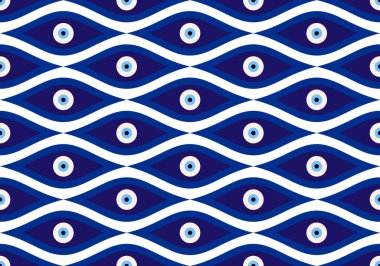 Kem gözlü Türk boncuklu kusursuz desen. İyi şanslar. Türk fayansı. Oryantal sedir tasarımı vektör arka planı. Duvar kağıtları, şablon dolguları, web sayfası arkaplanları, yüzey dokuları, tekstil için mükemmel