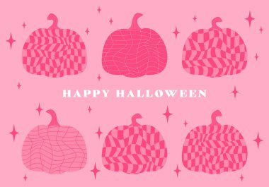 Balkabaklarıyla cadılar bayramı geçmişi. Cadılar Bayramı balkabağı seti. Pembe tasarım. Moda sanat tarzı soyut sonbahar tebrik kartı, poster, kapak