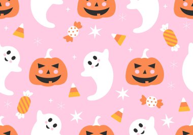 Cadılar Bayramı, bal kabakları ve hayaletlerle kusursuz bir arka plan, şekerler. Cadılar Bayramı balkabağı balkabağı feneri. Güzel tasarım. Moda sanat tarzı soyut sonbahar dokusu