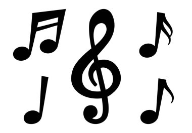 Müzik vektörü illüstrasyonuna dikkat edin. Müzik notaları siyah simgeler ayarlandı. İzole müzik notaları beyaz arka planda semboller. Müzik notaları simgesi seti, notalar simgesi