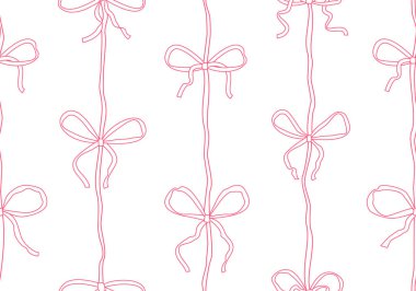 Kusursuz pembe papyonlu. Karikatür düğümleri ve kurdeleleri olan kusursuz bir desen. Noel hediyesi ambalaj kağıdı