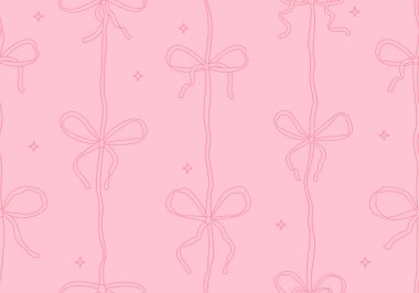 Kusursuz pembe papyonlu. Karikatür düğümleri ve kurdeleleri olan kusursuz bir desen. Noel hediyesi ambalaj kağıdı