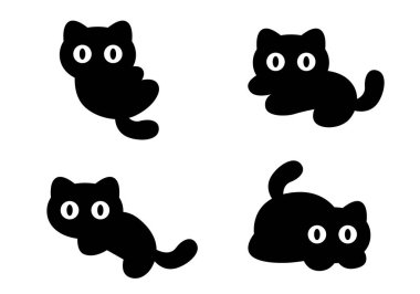 Kedi. Çizgi film kedisi. Çeşitli siyah kedi siluetleri. Oturan kedi. Cadılar Bayramı tasarımı