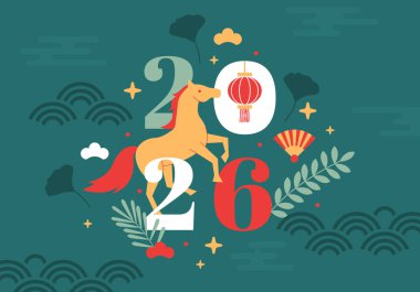 Çin Yeni Yıl bayramı afişi tasarımı. Yeni yılın kutlu olsun 2026. Sosyal medya, tebrik kartı, parti davetiyesi ya da internet sitesi pazarlaması için şablon geçmişi. Vektör illüstrasyonu