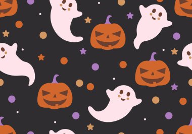 Cadılar Bayramı Hayalet Modeli. Tuhaf balkabağı siluetleriyle kusursuz desen. Tatlı cadılar bayramı balkabaklarıyla kusursuz desen