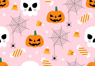 Komik balkabaklarıyla, kafatasıyla, tatlısıyla, örümceğiyle kusursuz desen. Tatlı cadılar bayramı balkabaklarıyla kusursuz desen