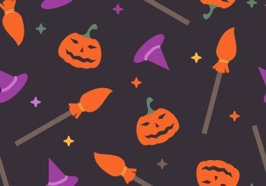 Kusursuz Cadılar Bayramı deseninde cadı şapkaları, uçan süpürgeler ve oyulmuş balkabakları var. Şenlikli ve ürkütücü tasarım mevsimlik ambalaj kağıtları, tekstil baskıları, arka planlar ve tatil süslemeleri için mükemmel.