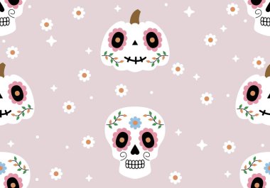 Meksika kafatası ve balkabağı ile kusursuz desen. Calavera kafatasları, Meksika Ölüler Günü için şeker kafatasları, geleneksel Meksika kurukafa süslemeleri ile ölü illüstrasyon günü