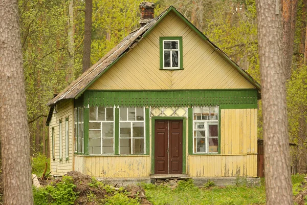 废弃在森林里的古老的木制黄色房子 — 图库照片