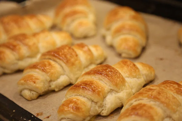 stock image Close up photo of fresh butter croissants from oven