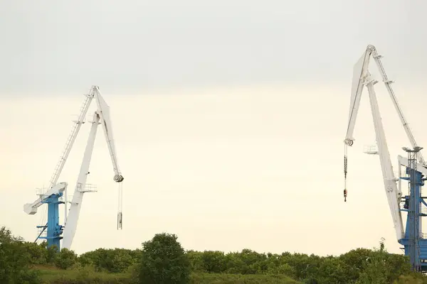 stock image View of cranes in port at evening time