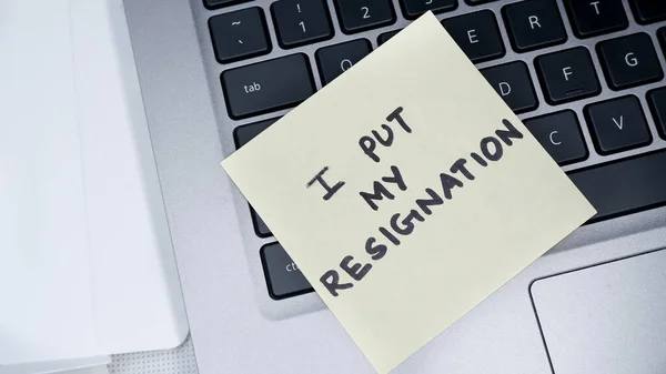 Put Resignation Written Note Pad Pasted Laptop Company — Stock Photo, Image