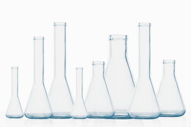 Laboratuvar mataraları, cam kavanozlar, laboratuvar, beyaz arka plan.