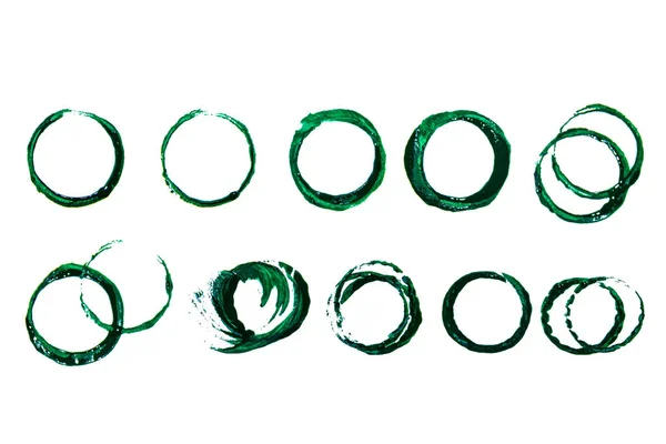 Zestaw Okrągłych Nierównomiernych Nadruków Farby Kolorze Zielonym Białym Tle — Zdjęcie stockowe