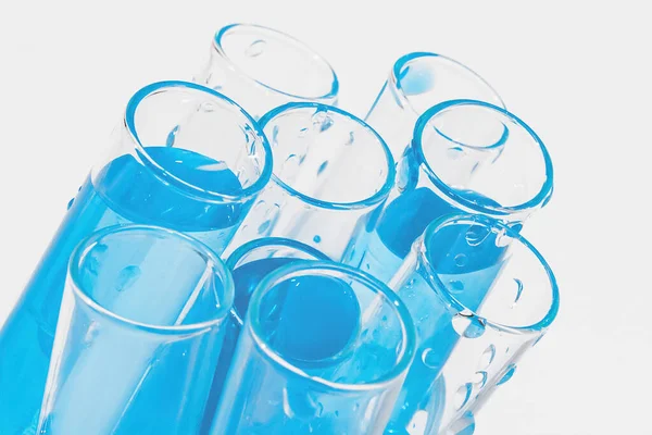 白底透明玻璃管 蓝色液体 化学元素 催化剂 实验室 医疗设备 生物化学 化学实验室 医药用 — 图库照片