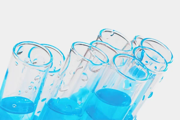 Tubos Ensaio Vidro Transparentes Sobre Fundo Branco Líquido Azul Elemento — Fotografia de Stock