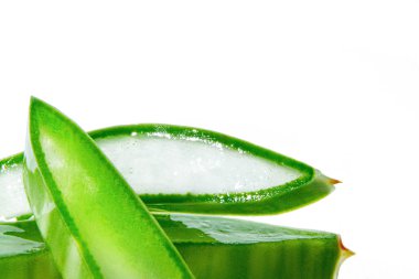 Beyaz arkaplanda izole edilmiş taze dilimlenmiş aloe vera.
