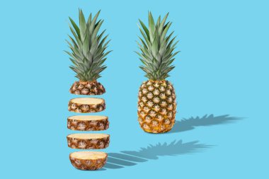 Two fresh juicy pineapples, whole and sliced. Concept. On a blue background.