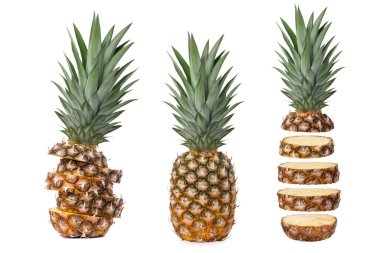Three fresh juicy pineapples in different shapes. Cut, whole, in flight. Isolated