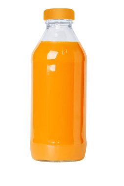 Bottle, jar of freshly squeezed orange juice isolated on white background.