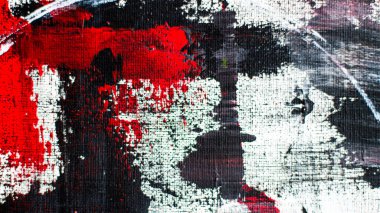 Abstract background on a rough canvas. Paint strokes, stains, lines, stripes, waves, circles. Colors red, white, black. Chaos, war, confusion, revenge, lies.