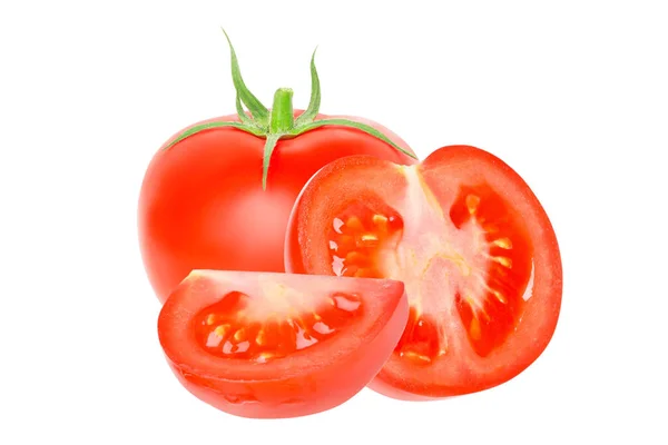 Whole Fresh Tomato Two Pieces Tomato Cut Half Quartered Composition — Fotografia de Stock