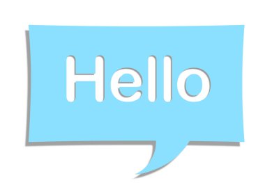 Label, paper in the form of a message. The paper on the wall is blue. The inscription Hello