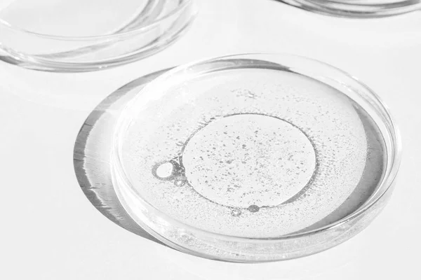 ペトリ皿 ペトリのコップに液体が入ってる 化学元素 化粧品 ウイルス 接近中だ 白地に — ストック写真