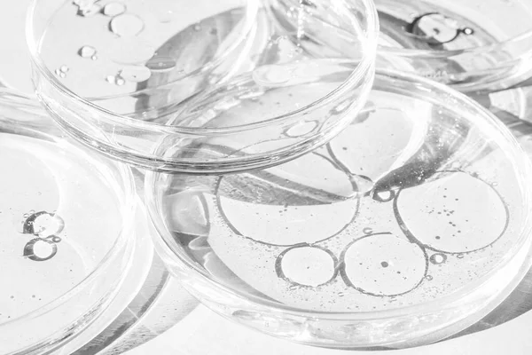 ペトリ皿 液体とペトリカップ キット 化学元素 化粧品 ウイルス 接近中だ 白地に — ストック写真
