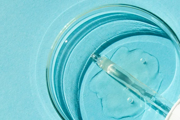 Petri菜 用透明的凝胶 吹笛者撒谎了 化妆品分配器 蓝色背景的 — 图库照片