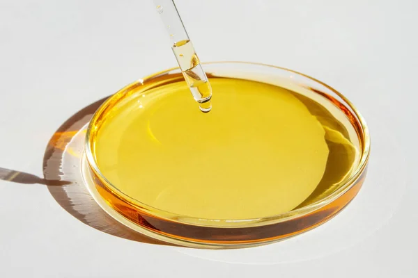 Płytka Petriego Żółtym Płynem Rozwiązaniem Pipeta Kapie Góry Białym Tle — Zdjęcie stockowe