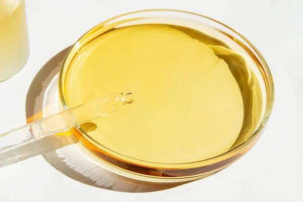 Petrischaaltje Met Gele Vloeistof Met Oplossing Cosmetische Pipet Een Komische — Stockfoto