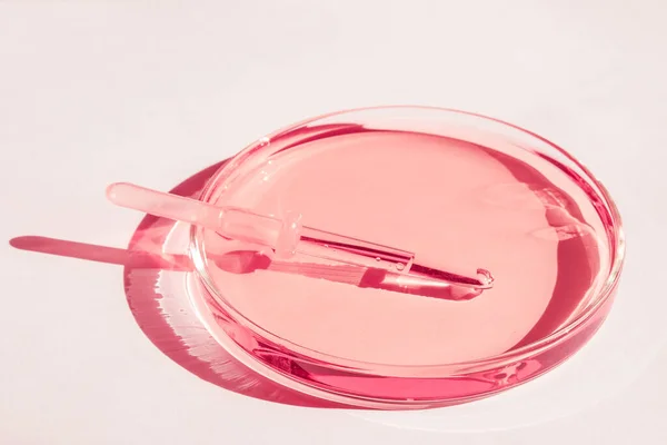 Piastre Petri Con Liquido Rosa Con Soluzione Pipetta Medica Sfondo — Foto Stock