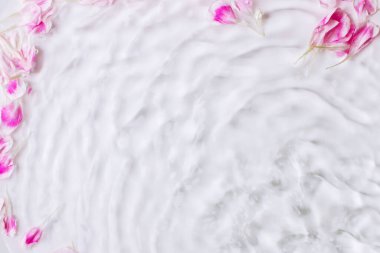 Suda gül yaprakları. Dalgalar, su, taç yaprakları. Çiçek, su damlıyor, dökülüyor.